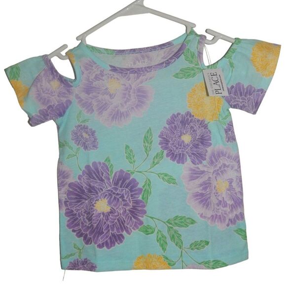 CHILDREN'S PLACE girls x-small size 4 teal floral print cold shoulder shirt - Picture 1 of 5